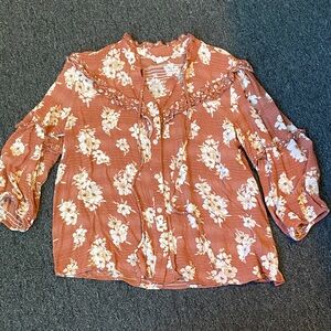 Cato Terracotta Floral Blouse with Ruffle Detail